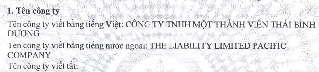 CÔNG TY TNHH MỘT THÀNH VIÊN THÁI BÌNH DƯƠNG