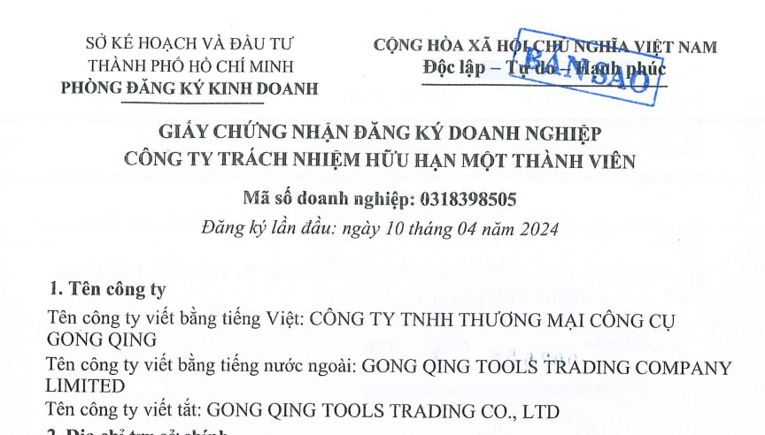 CÔNG TY TNHH THƯƠNG MẠI CÔNG CỤ GONG QING