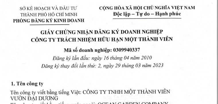 CÔNG TY TNHH MỘT THÀNH VIÊN VƯỜN ĐẠI DƯƠNG